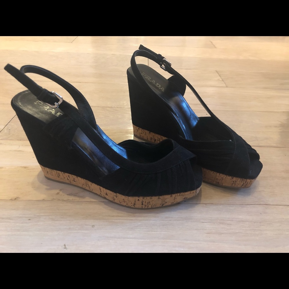 PRADA Black Suede Cork Wedges - Size 8 - Picture 4 of 8